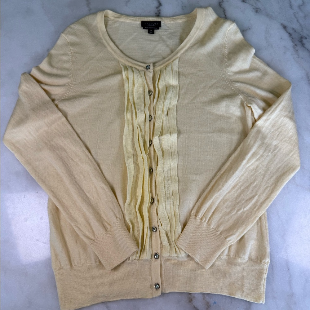 Talbots Yellow Collarless Button‎ Down Cardigan Sweater Size M Merano Wool